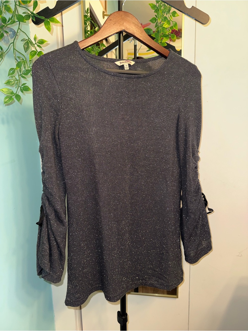 Juicy Couture Black Metallic Shimmer Ruched Bell Sleeve Top XS Y2K